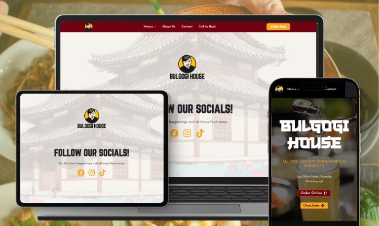 Bulgogi House website shown on a laptop, tablet, and smartphone.