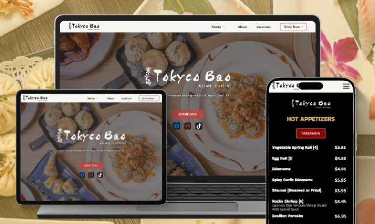 Responsive view of the Tokyo Bao website on multiple devices.