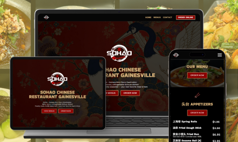 Responsive view of SOHAO Chinese Restaurant's website on laptop, tablet, and phone.