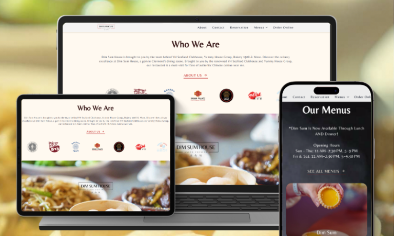 Responsive view of the Dim Sum House website on a laptop, tablet, and smartphone.