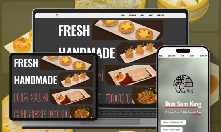 Dim Sum King website on a laptop, tablet, and smartphone.