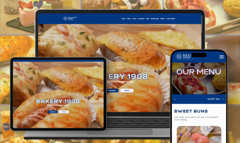 Bakery 1908 website shown on a laptop, tablet, and smartphone.