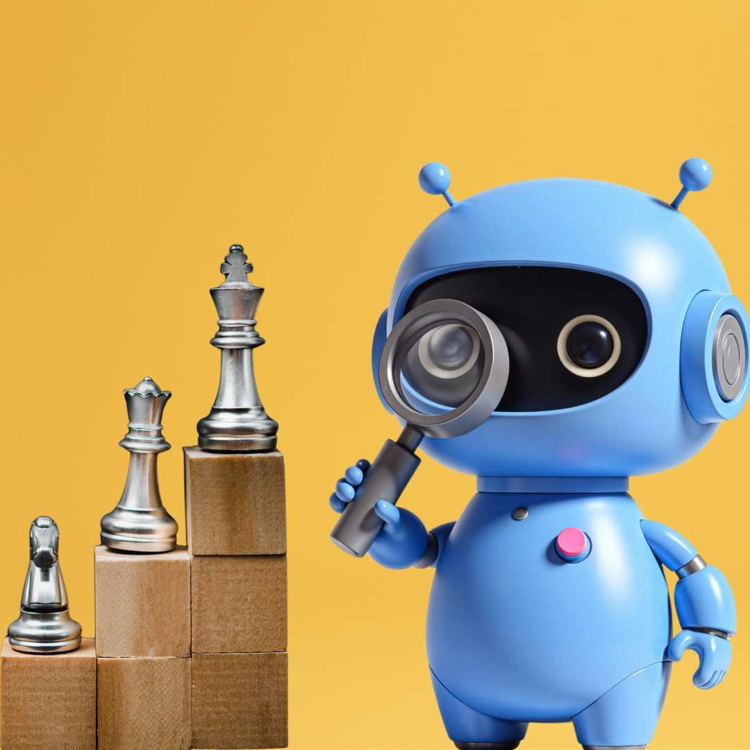 Small blue robot holding a magnifying glass next to silver chess pieces.