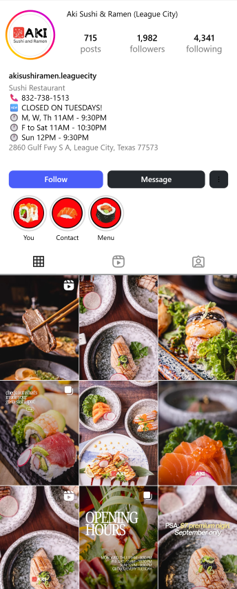 Instagram profile for Aki Sushi & Ramen showing a grid of various sushi dishes.