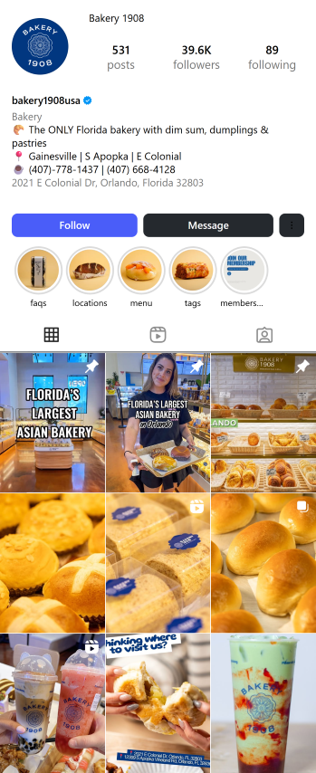 Instagram profile for Bakery 1908 showing various Asian bakery and cafe photos.