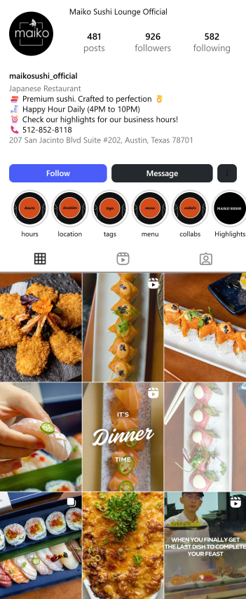Instagram profile for Maiko Sushi Lounge showing various sushi dish photos.