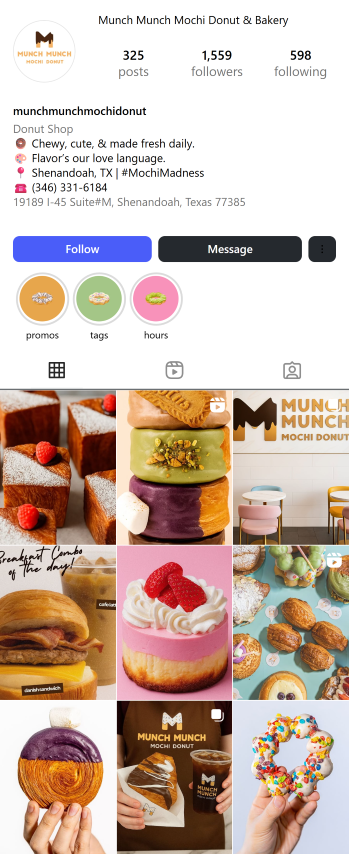 Instagram profile for Munch Munch Mochi Donut showing various bakery photos.