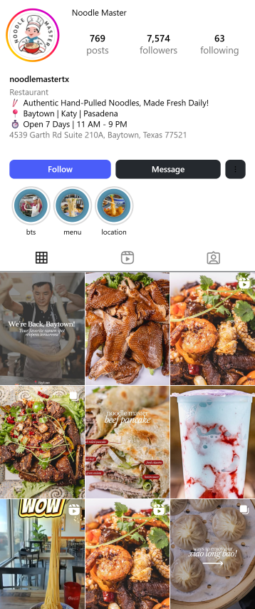Instagram profile for Noodle Master showing a grid of various Chinese dishes.