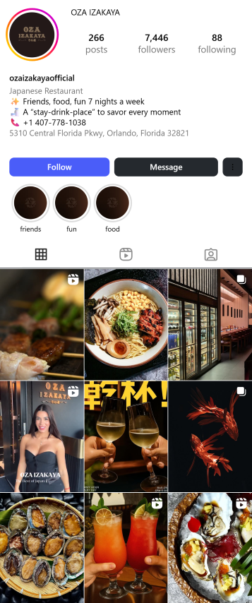 Instagram profile for Oza Izakaya showing its posts and Japanese restaurant info.