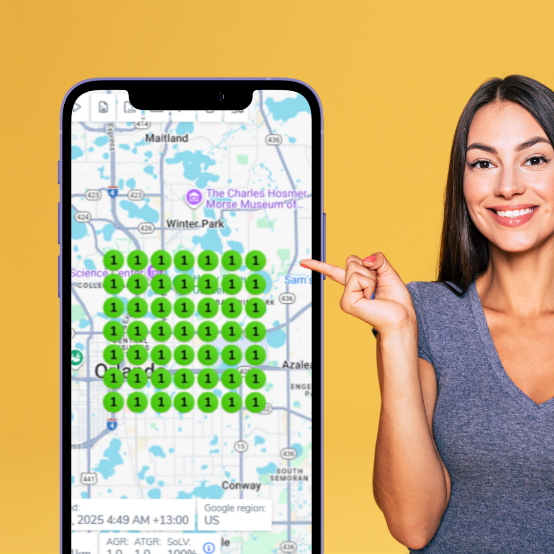 Woman pointing to a smartphone displaying a grid map of Orlando.