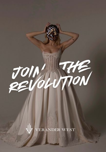 Woman in a white gown and checkered mask for Verander West.