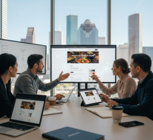 eam at a Houston web design agency reviewing local business sites.